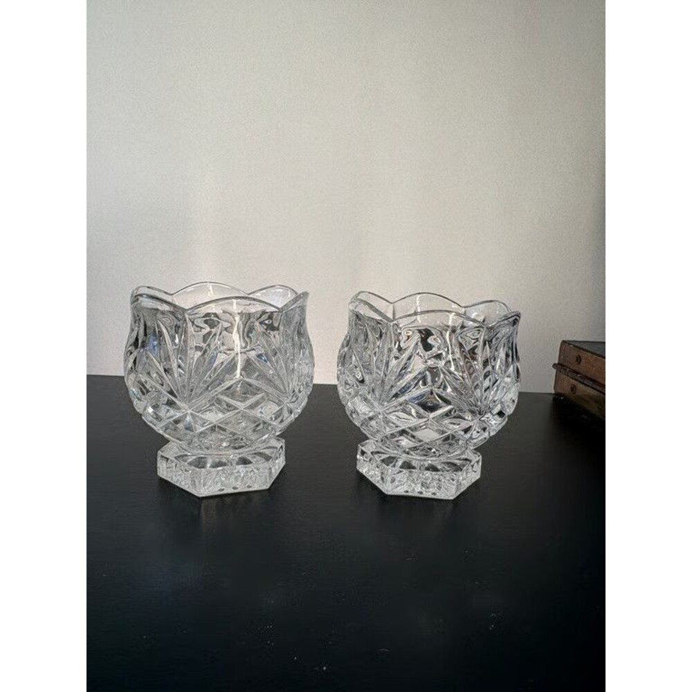 Cut Crystal Votive Candle Holders Pair Footed Pinwheel Diamond Scalloped Rim 3in